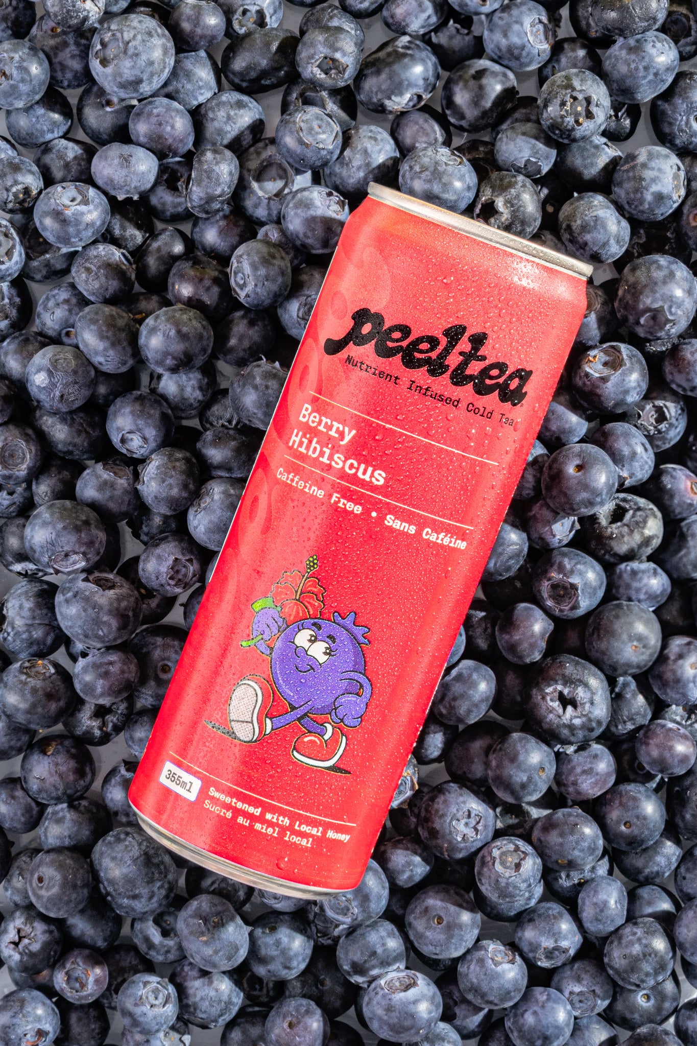 can studio photography of berry hibiscus peeltea on a bed of blueberries