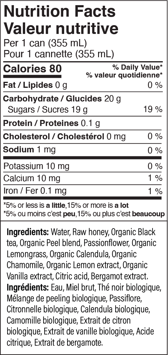 PeelTea honey iced tea nutrition facts and ingredients label
