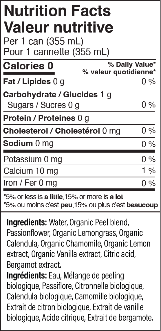 PeelTea lemon vanilla nutrition facts and ingredients label
